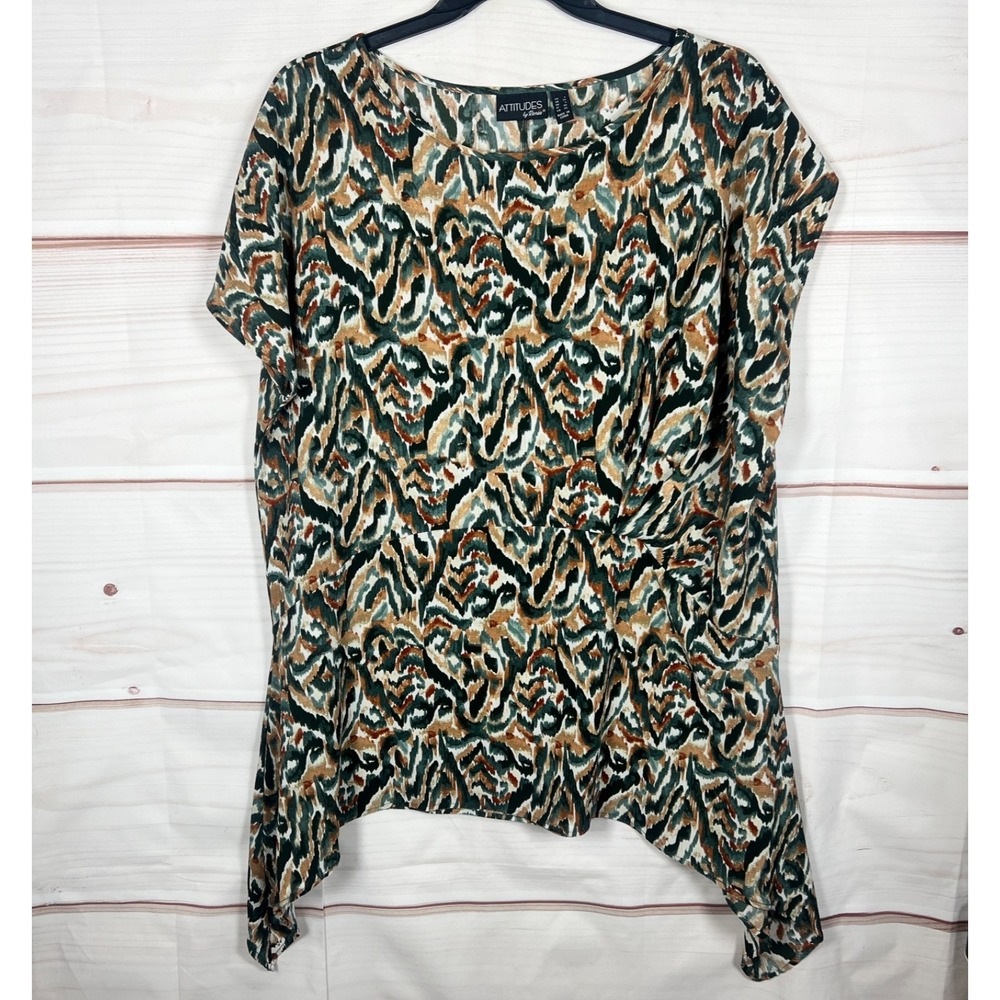 Attitudes By Renee Top Womens Large Multicolor Print Blouse Asymmetrical Stretch